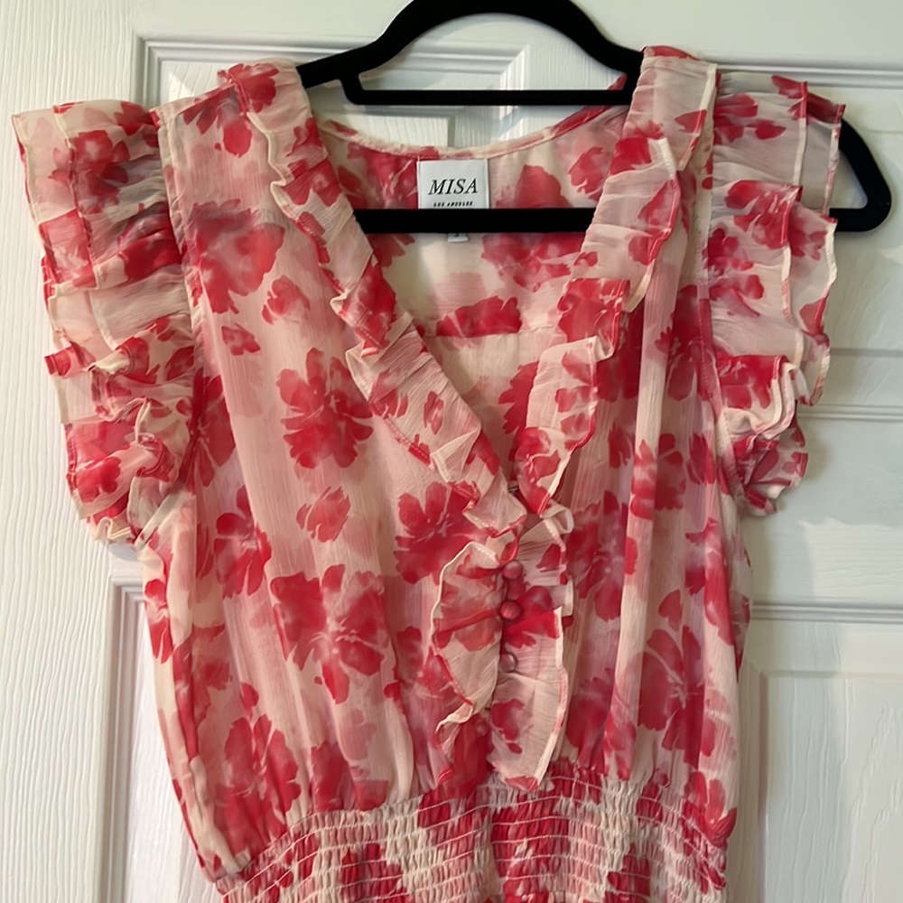 Misa Los Angeles Pink and Red Floral Asymmetrical Ruffle Dress - Picture 3 of 8